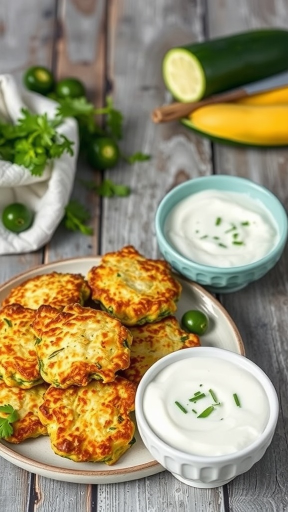 A plate of golden zucchini fritters with a yogurt dip, garnished with fresh herbs, on a rustic wooden surface.