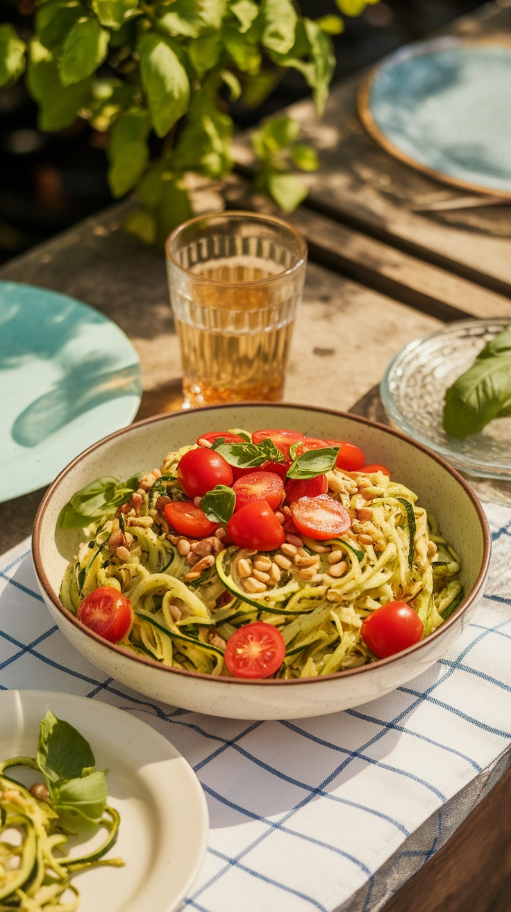 A bowl of zucchini noodle salad with pesto, featuring colorful vegetables on a wooden table.
