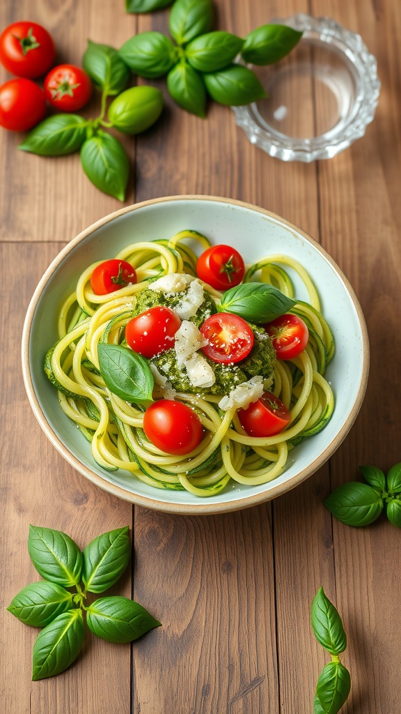 A bowl of zucchini noodles with pesto, topped with cherry tomatoes and basil leaves.