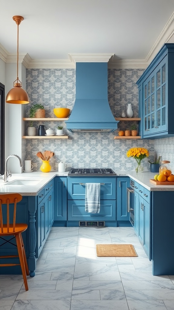 A blue and white kitchen featuring a blue cabinetry, white countertops, and warm accent colors.
