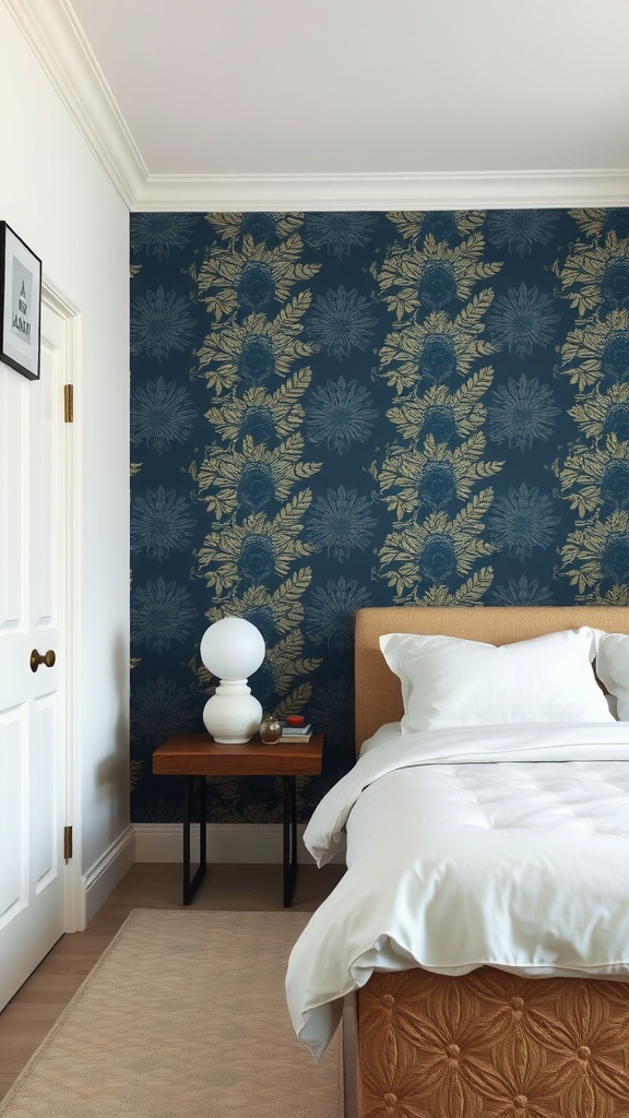 A small bedroom with a navy and gold floral accent wall, featuring a cozy bed and a stylish lamp.