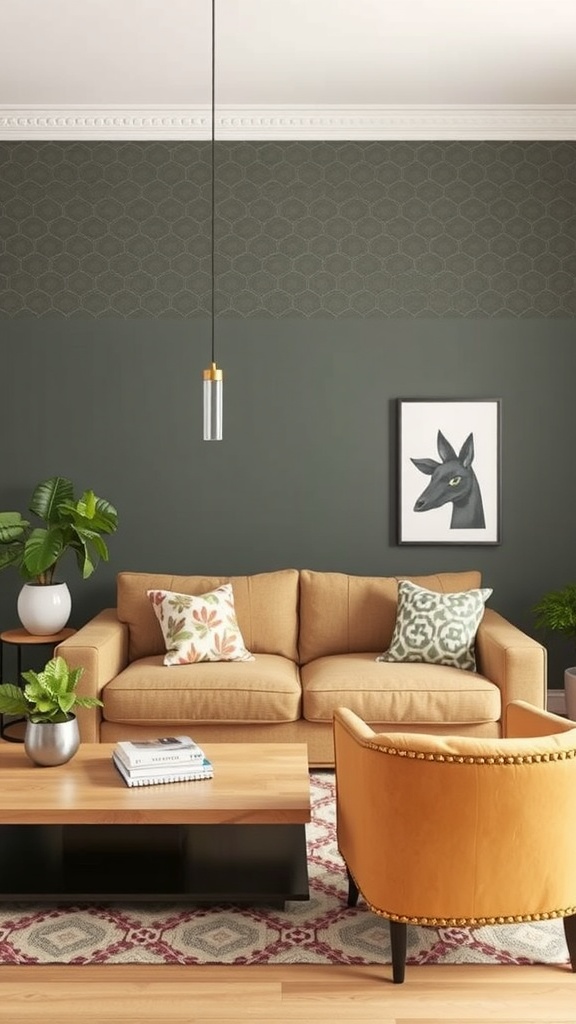 A cozy living room featuring a dark accent wall, warm-toned furniture, and decorative plants.