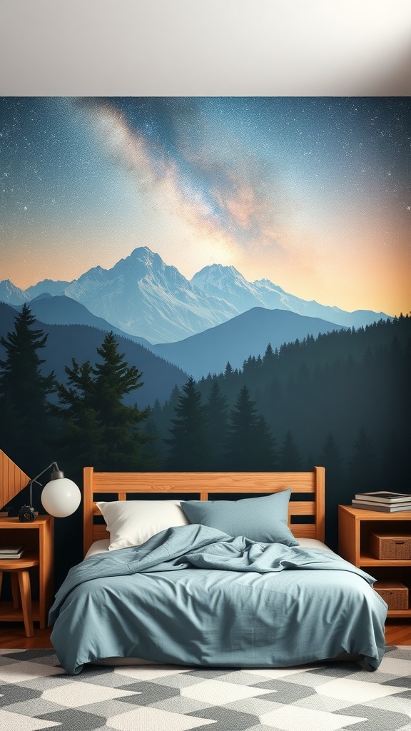 A cozy bedroom featuring a mountain and starry sky wall mural, with a wooden bed and simple decor.