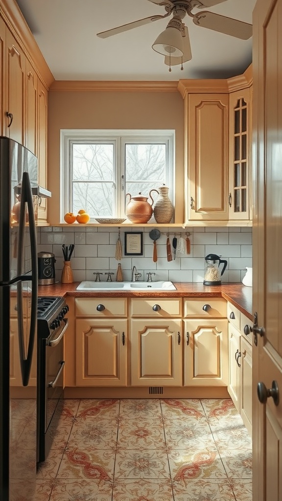 A cozy kitchen featuring antique beige cabinets with wooden countertops and vintage decor.
