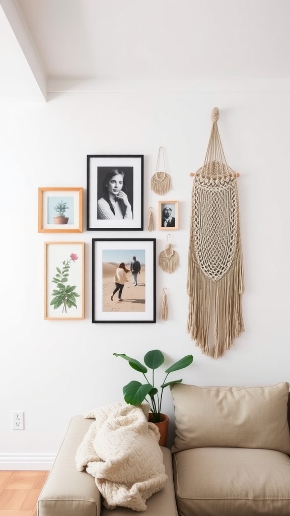 Eclectic wall arrangement in a Boho Mid-Century Modern living room featuring framed photos and macramé decor.