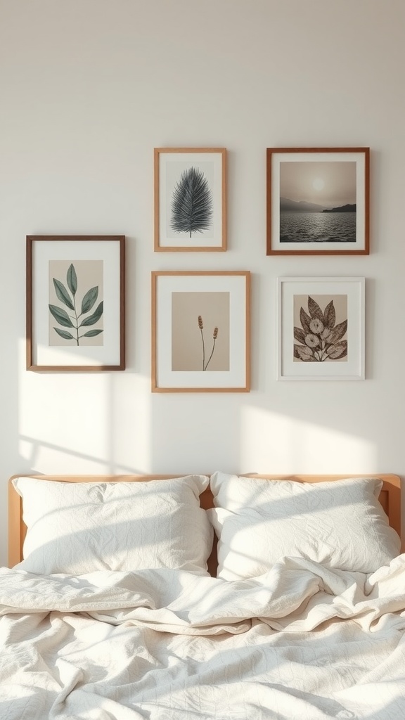 A cozy bedroom with a simple bed and framed art on the wall featuring natural themes.