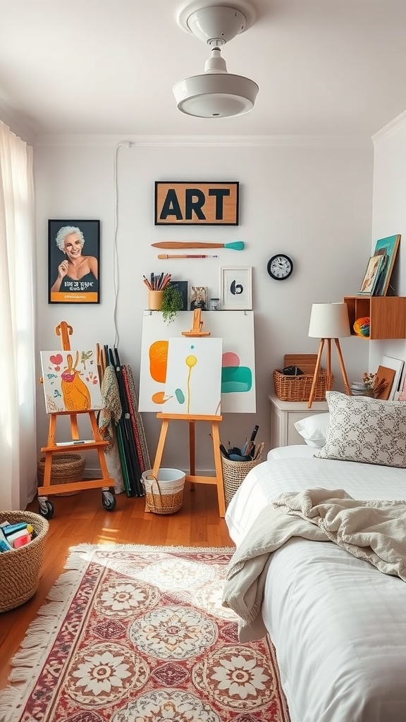 A cozy boy's bedroom designed as an art studio with easels, colorful artwork, and decorative items.