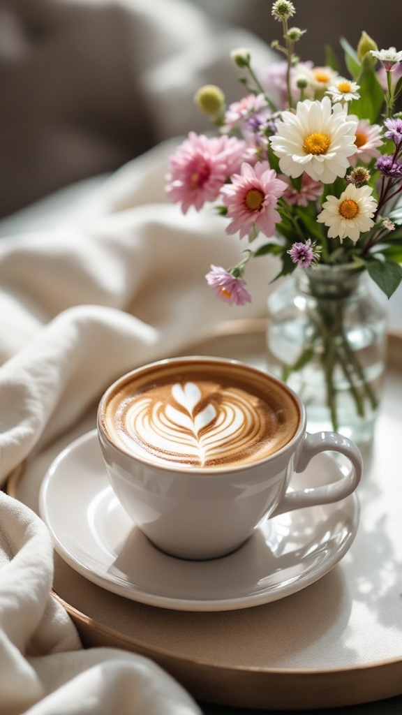 A cup of coffee with latte art surrounded by flowers on a tray