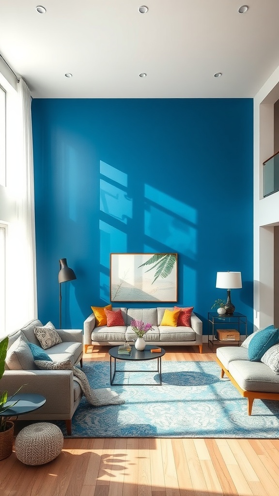 A bright blue wall in a stylish boho living room with cozy furniture and colorful accents.