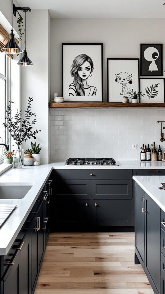 A modern kitchen featuring black and white wall art, sleek cabinets, and a stylish layout.