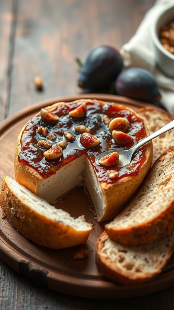 A delicious baked brie topped with fig jam and walnuts, served with slices of bread