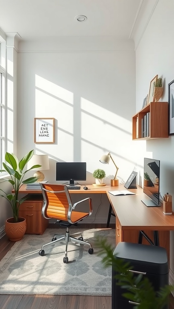 A small home office with a wooden desk, an ergonomic chair, plants, and a computer, flooded with natural light.