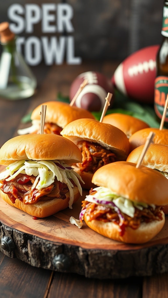 BBQ pulled pork sliders arranged on a wooden platter, garnished with coleslaw, ideal for a Super Bowl gathering.