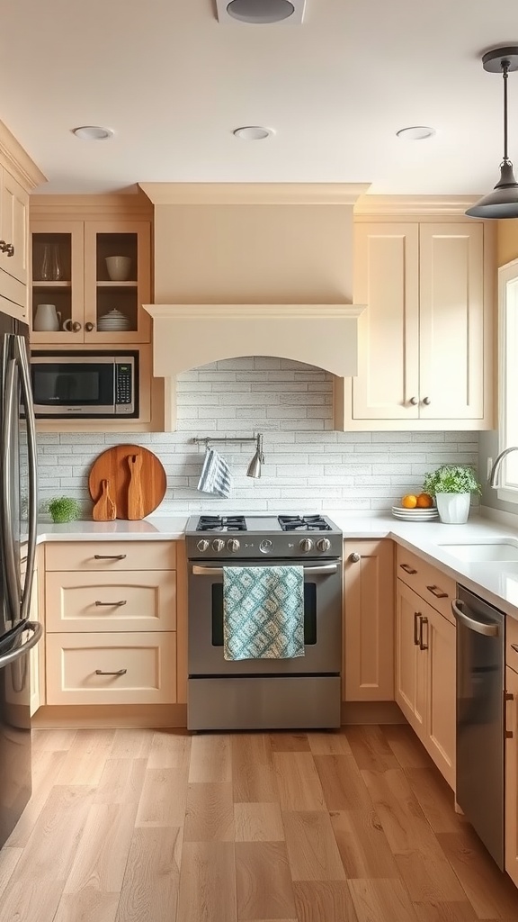 A beautifully designed kitchen featuring bisque cabinets, stainless steel appliances, and light wood flooring.