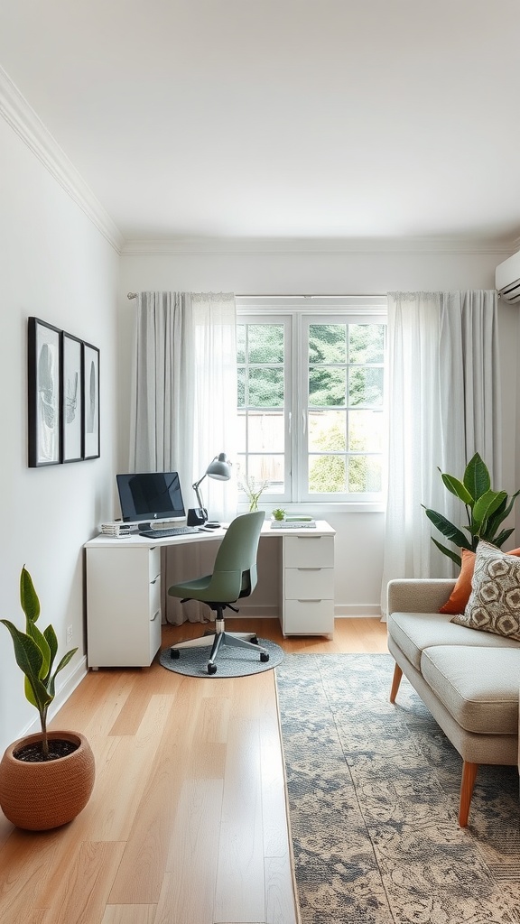 A small home office with a desk, computer, and plants, designed for a cozy work environment.