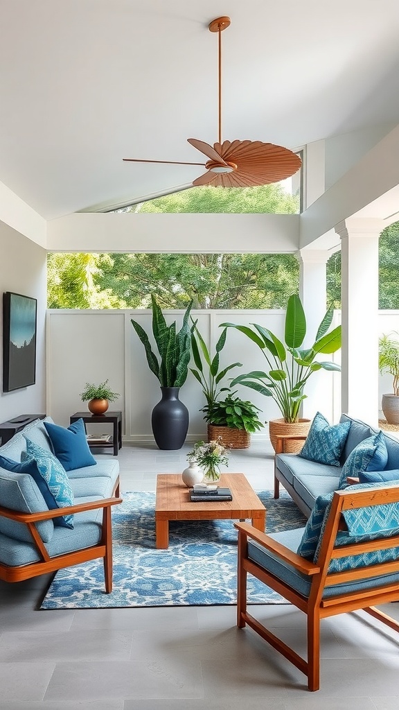 A cozy boho living room with blue sofas, green plants, and natural light streaming through large windows.