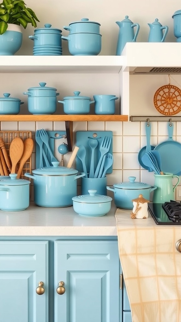 A bright and cheerful blue and white kitchen featuring blue pots, utensils, and a green plant.