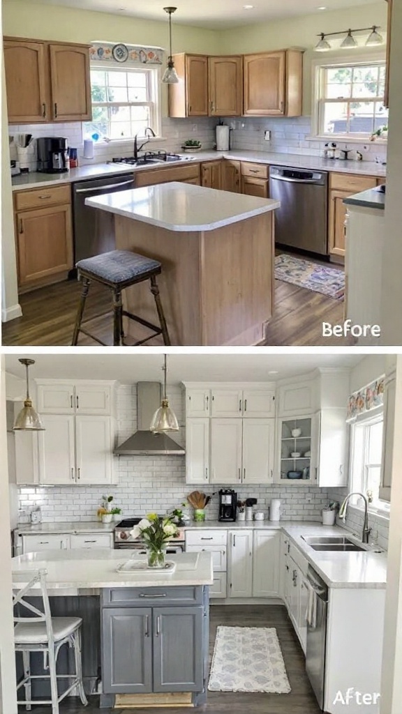 Before and after images of a kitchen renovation featuring blue and white colors.