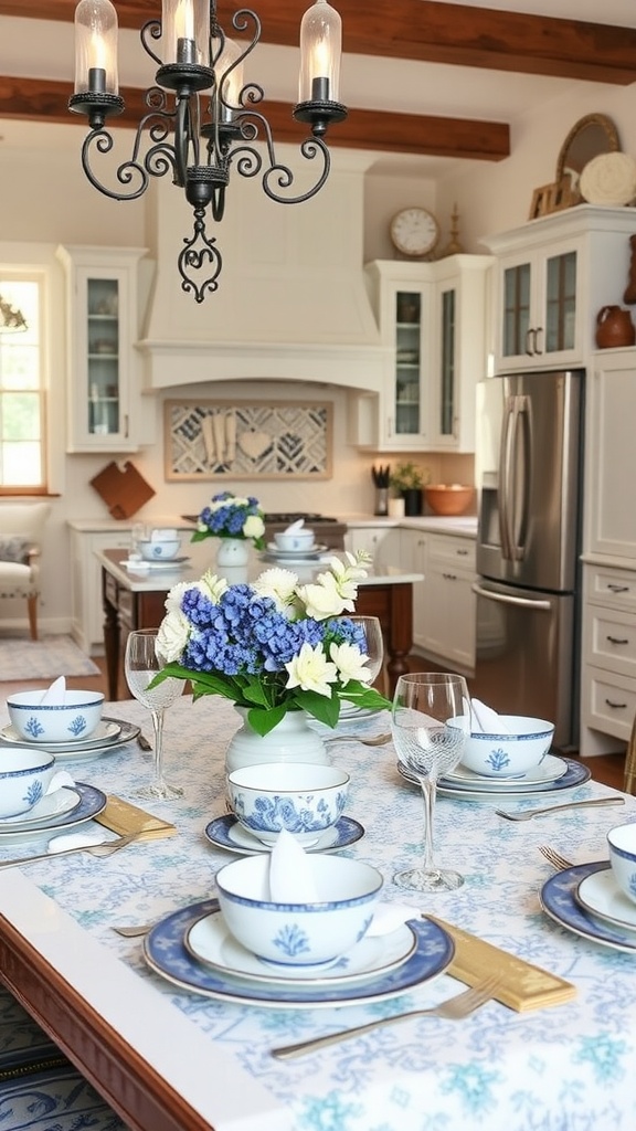 A beautifully set dining table with blue and white dishes, glassware, and a floral centerpiece, illuminated by a chandelier.