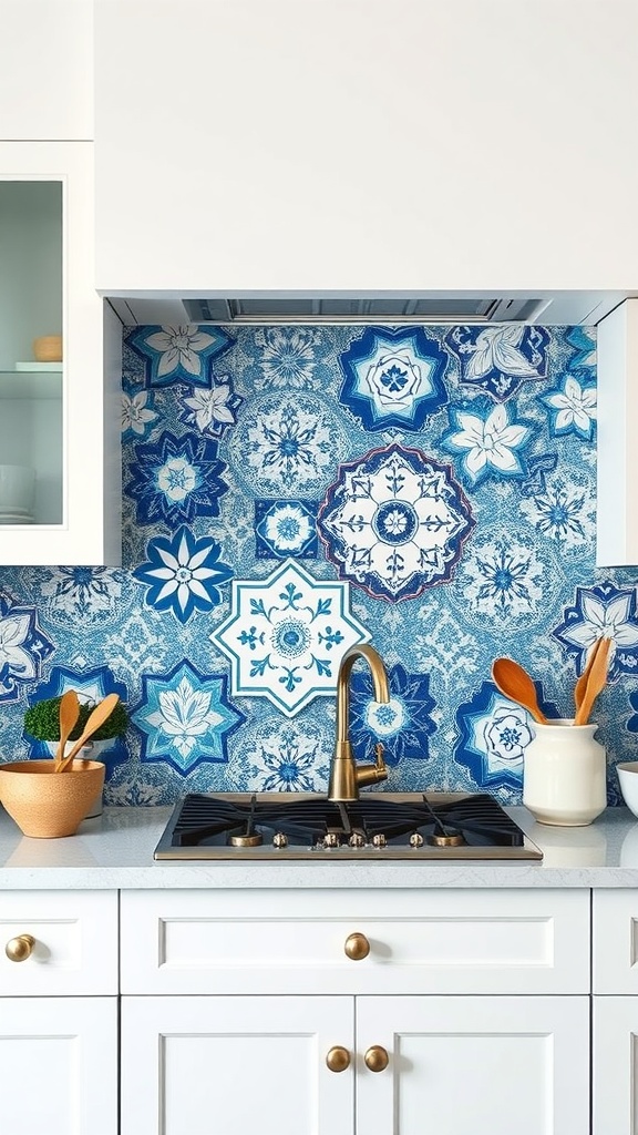 A kitchen with a blue and white tile backsplash, showcasing intricate patterns and floral designs.