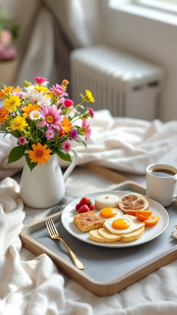 A beautiful bouquet of bright flowers next to a plate of breakfast in bed.