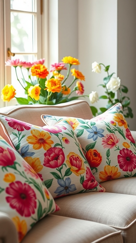 Bright floral throw pillows on a sofa with colorful flowers in the background