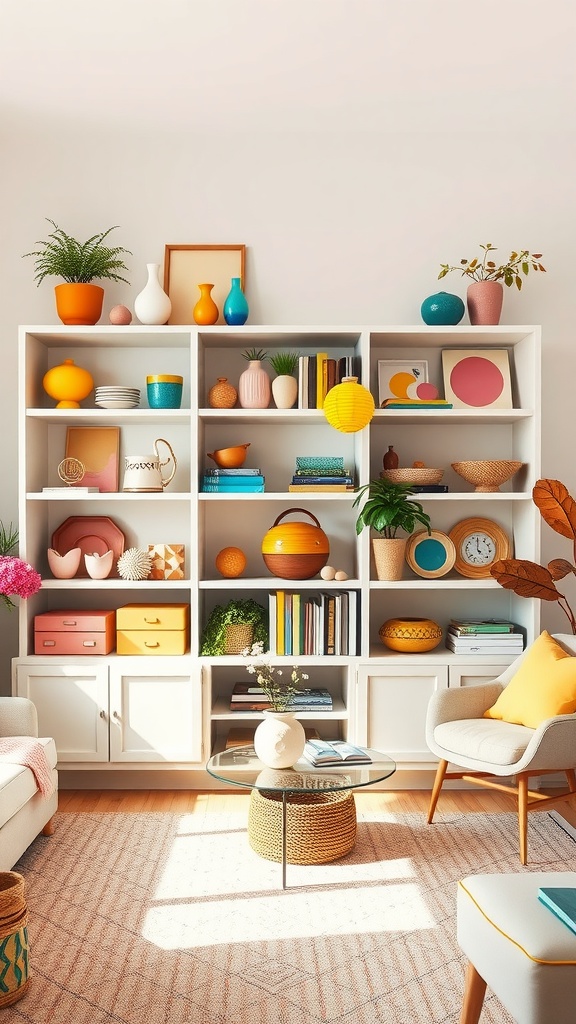 A bright living room shelf with colorful accessories including pots, vases, and books.