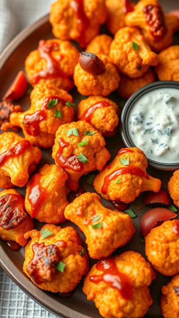 Buffalo Cauliflower Bites served with ranch dressing and celery sticks