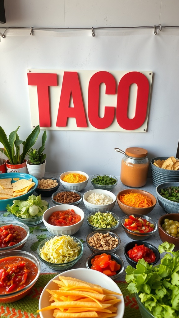 A taco bar setup with various toppings and fillings for a buffet-style meal.