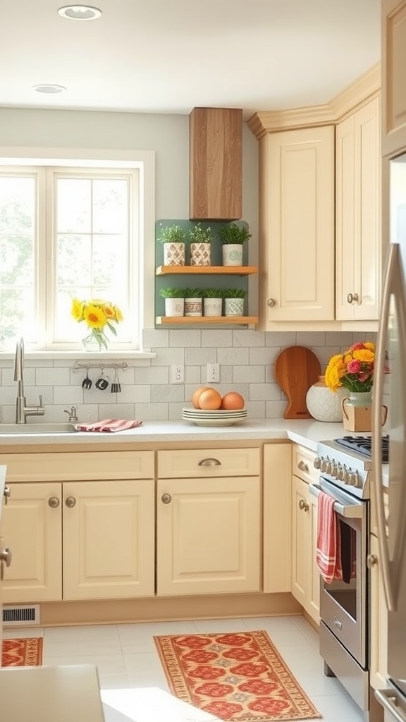 A bright kitchen featuring buttercream cabinets, light countertops, and wooden accents, enhanced by sunflowers and decorative items on open shelves.