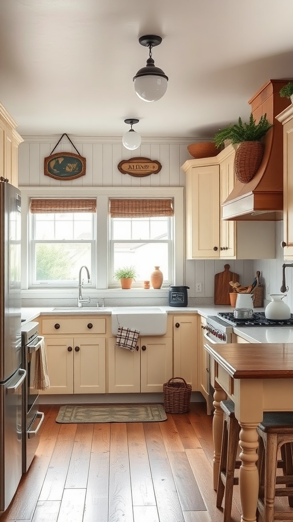 A cozy country kitchen with buttermilk cabinets, wooden accents, and warm lighting.