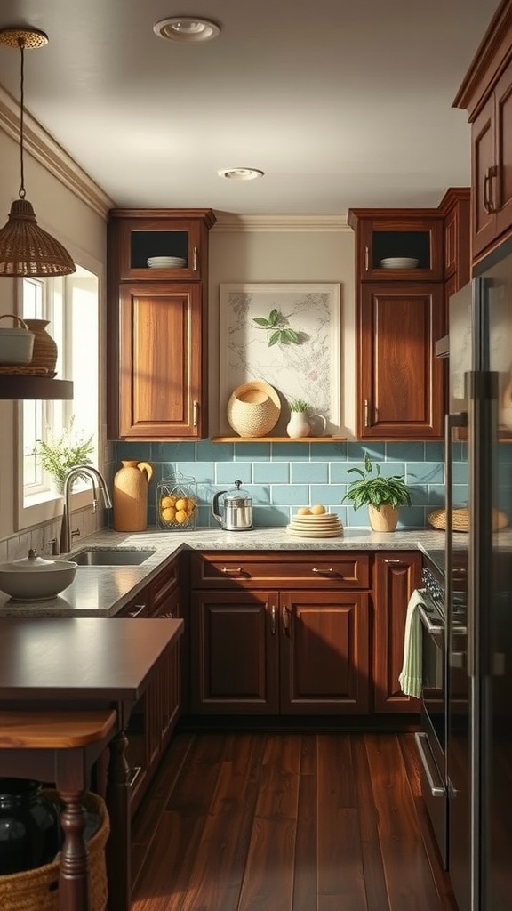 A warm-toned kitchen with beige cabinets, blue backsplash, and cozy decor