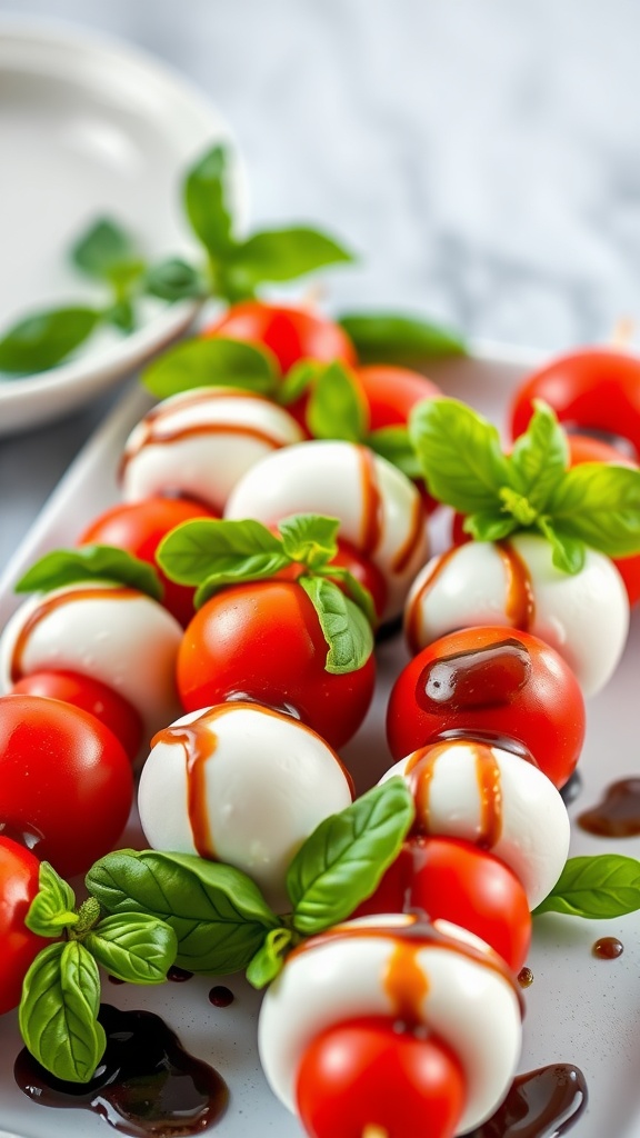 Caprese skewers with cherry tomatoes, mozzarella, and basil drizzled with balsamic reduction.