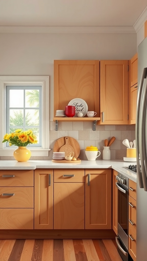 Cozy kitchen featuring caramel-colored cabinets and vibrant decor.