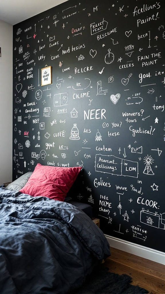 A wall painted with chalkboard paint featuring doodles and handwritten text, with a cozy blanket on the floor.