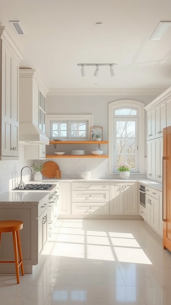 A bright kitchen featuring Champagne Mist cabinets, natural wood accents, and plenty of natural light.