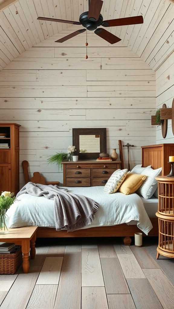 A cozy farmhouse style boy's bedroom featuring natural wood furniture, light colors, and rustic decor.