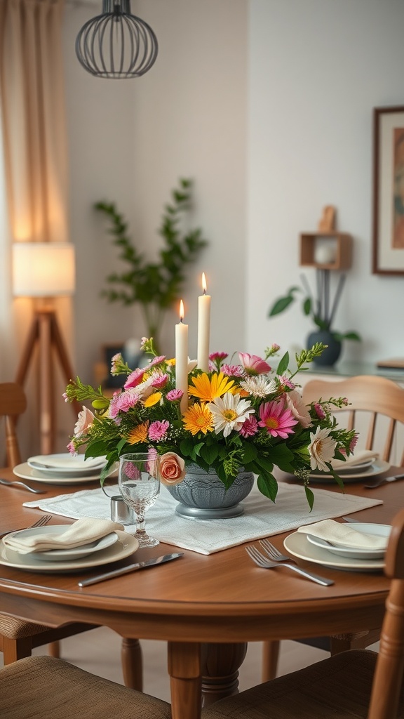 A dining table set with a floral centerpiece, candles, and place settings.