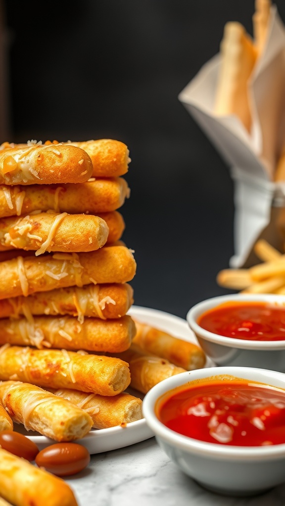 A plate of cheesy breadsticks served with marinara sauce.