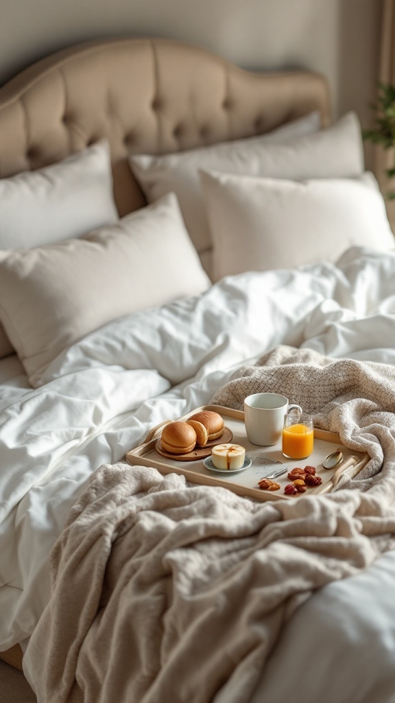 Cozy bed with neutral bedding and a breakfast tray