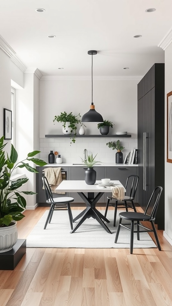 Modern kitchen breakfast nook featuring a white table, black chairs, and surrounding greenery.