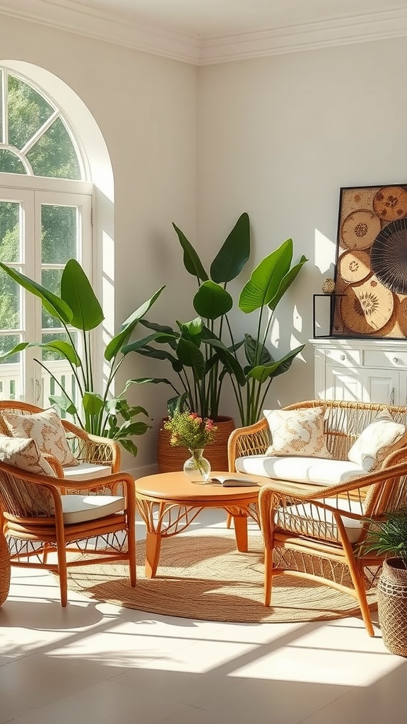 A bright living room featuring rattan furniture, including two chairs and a coffee table, surrounded by green plants.