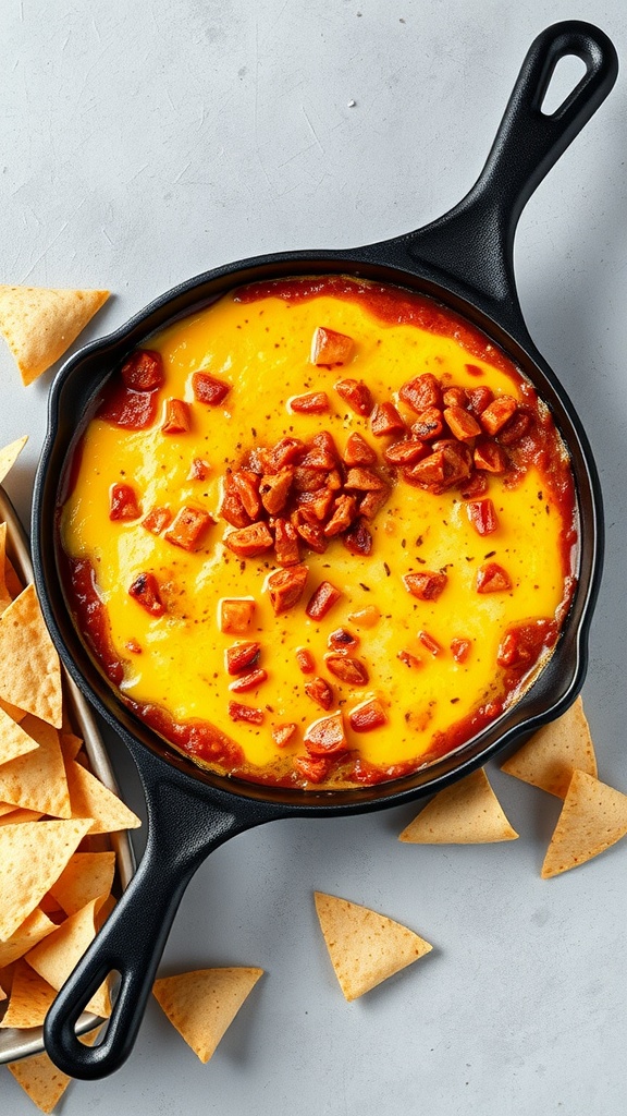 A delicious serving of chili con queso with chips on the side