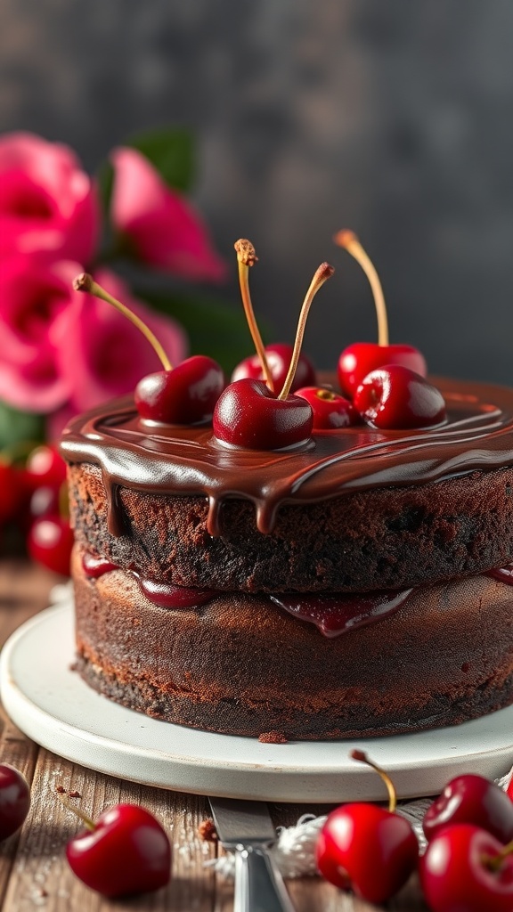 A delicious chocolate-covered cherry cake with cherries on top surrounded by fresh cherries and pink roses.