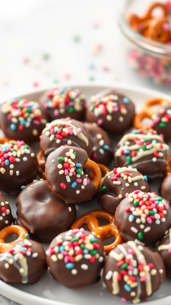 Delicious chocolate-covered pretzel bites topped with sprinkles.