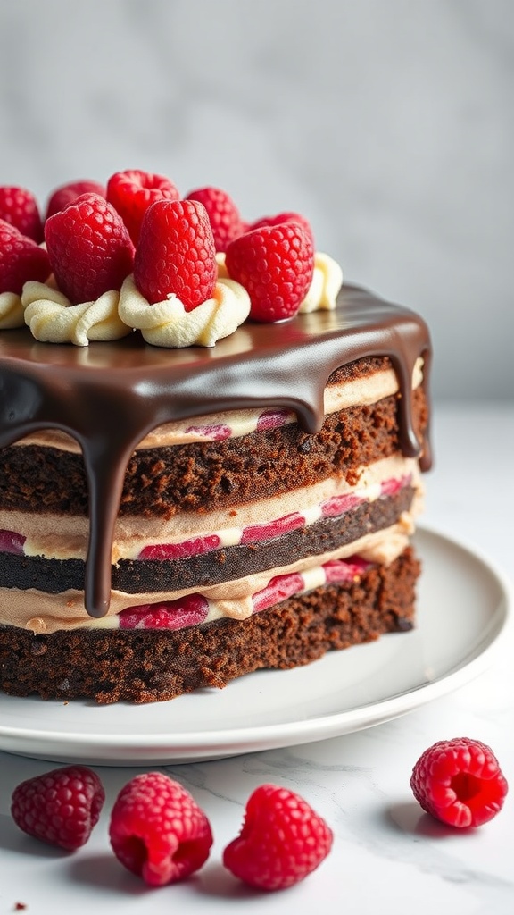 A chocolate raspberry layer cake topped with raspberries and chocolate ganache.