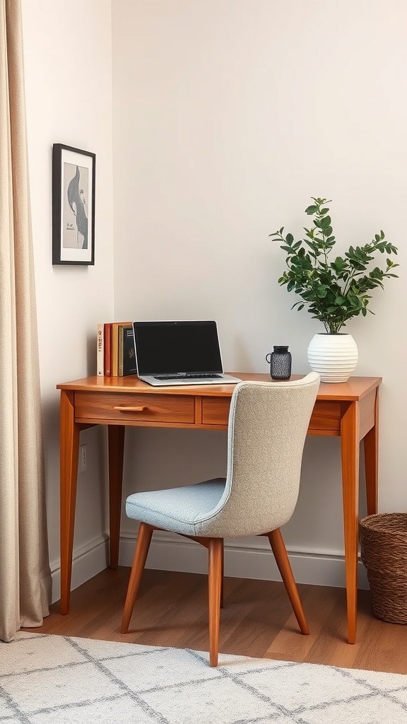 A small home office featuring a wooden desk, a comfortable chair, books, a laptop, and a potted plant.