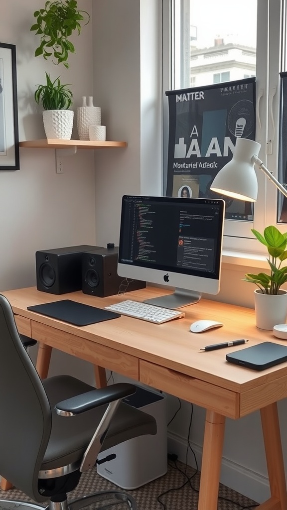 A small home office setup with a desk, computer, speakers, and plants.