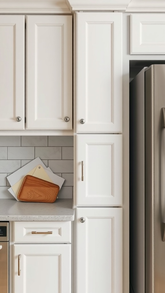 A bright kitchen with white cabinets and blue accents, featuring color swatches and a brown purse on the countertop.