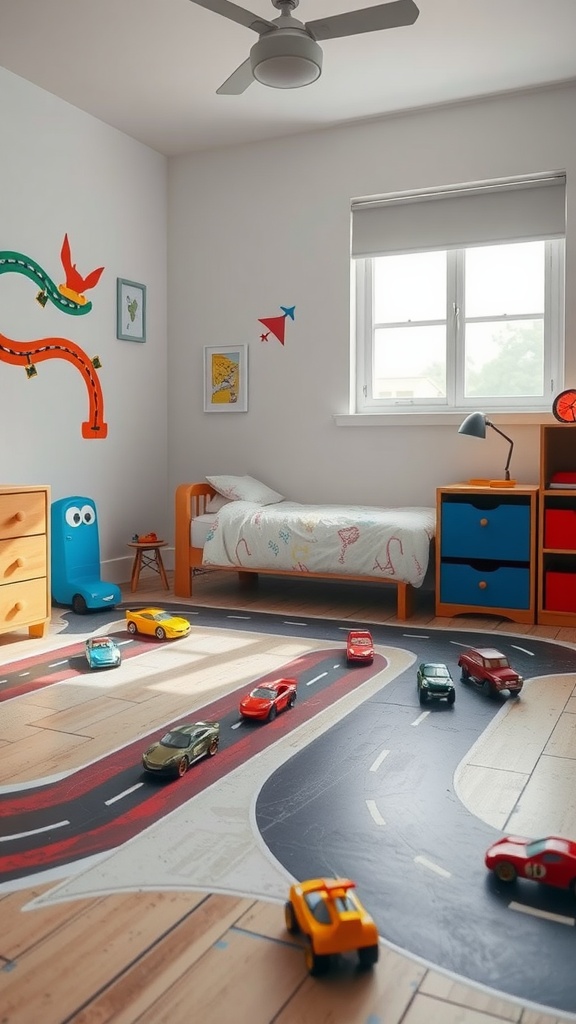 A boy's bedroom featuring a classic car race track theme with colorful toy cars and playful decorations.